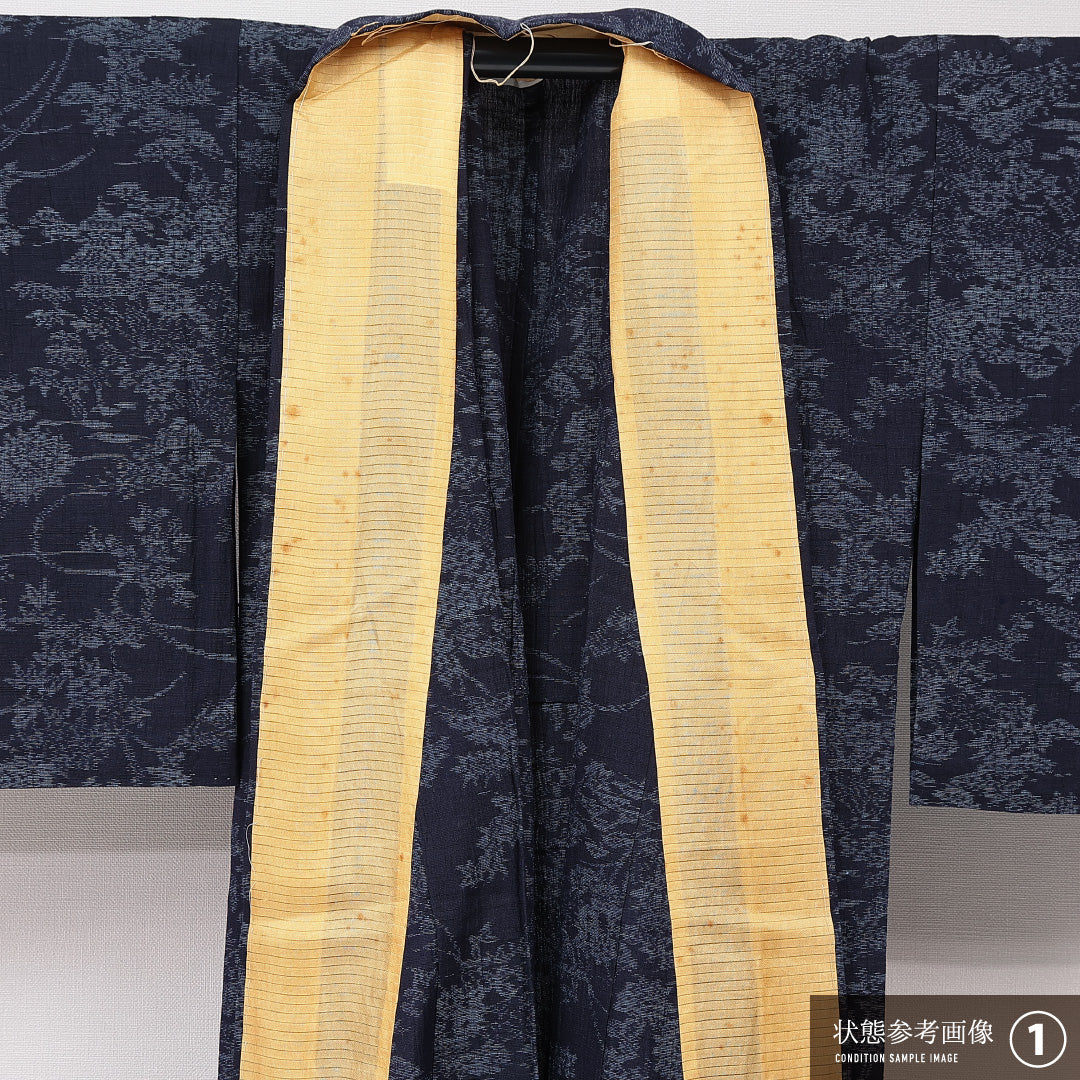 紬 単衣 身丈158cm 裄丈63cm 正絹 Sランク カジュアル 広衿 Mサイズ 植物柄 紺系 RP 1223-15336