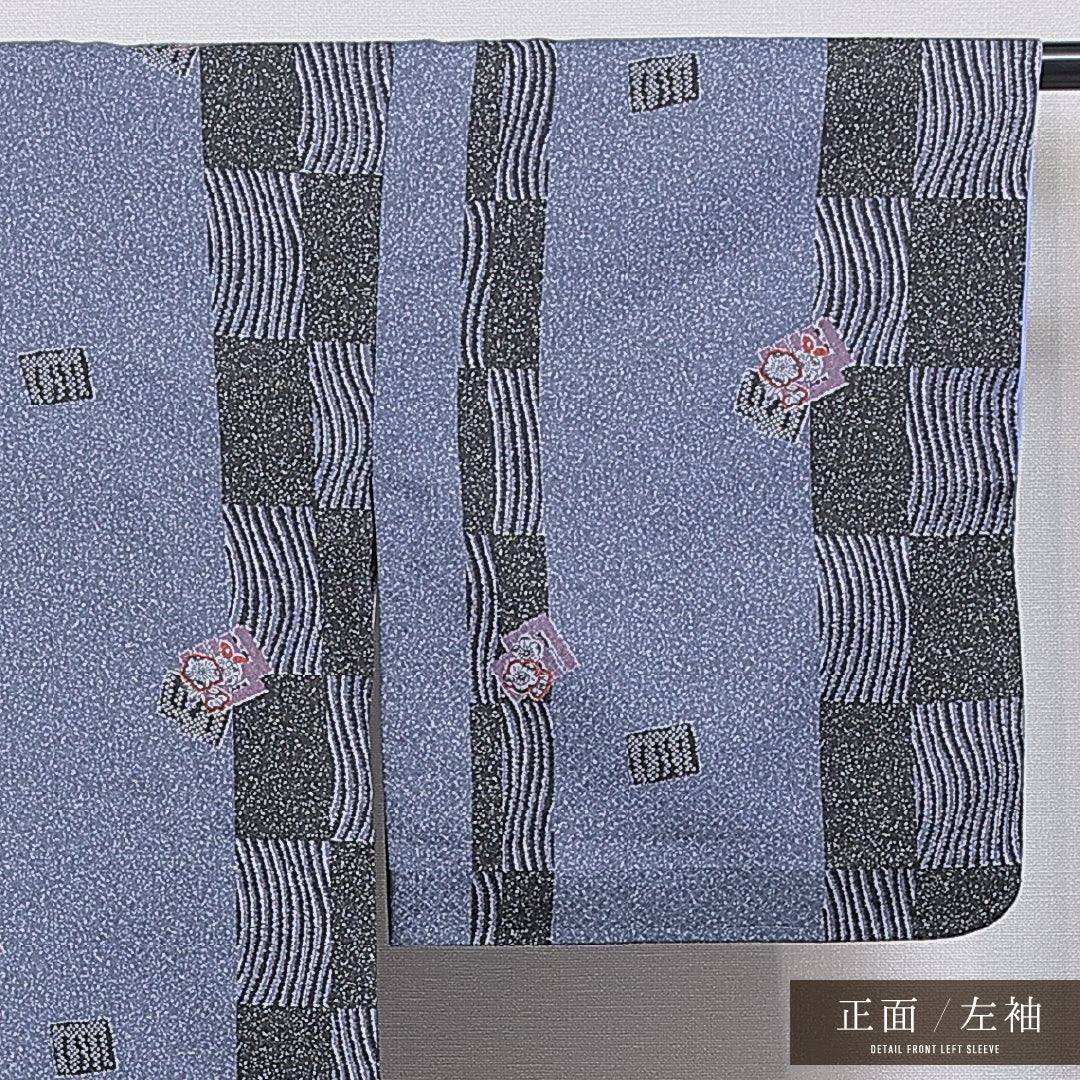 小紋 洗える着物 胴抜き 身丈162cm 裄丈67cm ポリエステル Cランク Lサイズ バチ衿 インフォーマル 花柄 青系 1215-16339