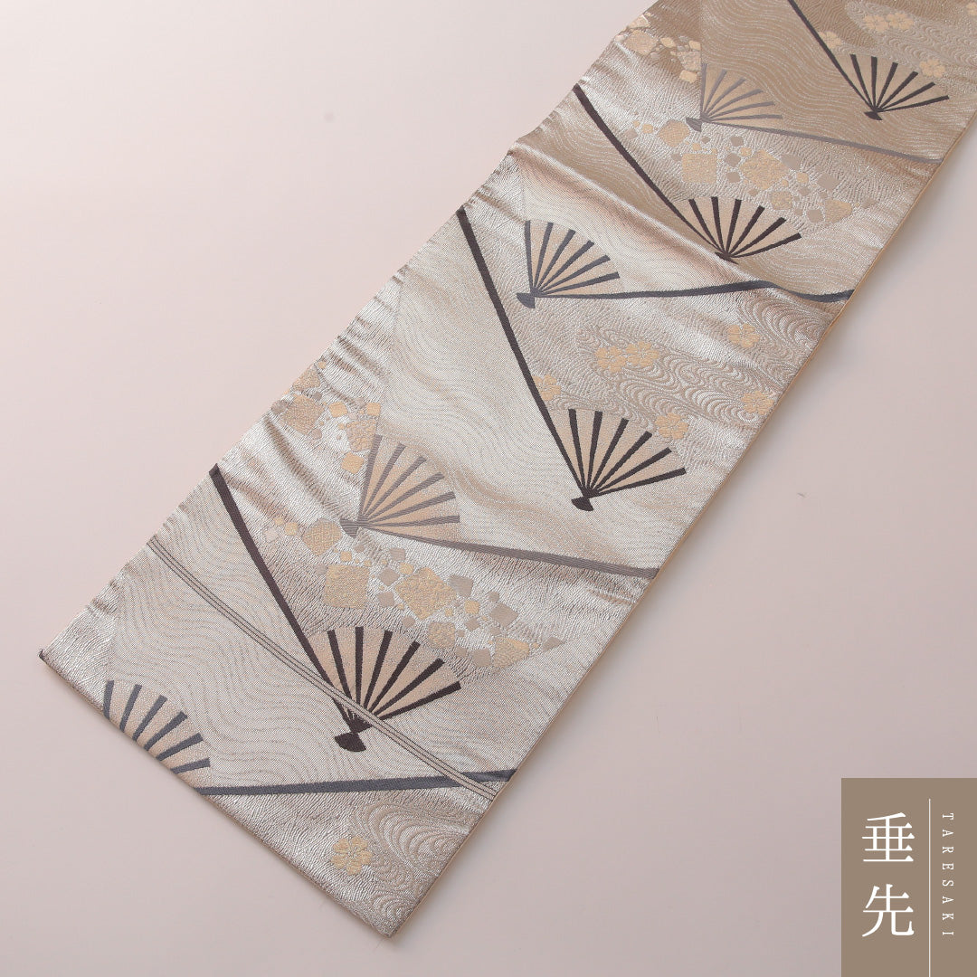 袋帯 帯丈440cm フォーマル 六通 Sランク 正絹 扇 流水 桜 銀系 クリーム系 1223-01883