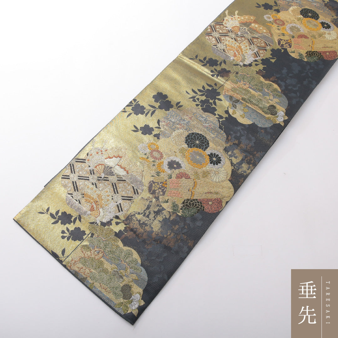袋帯 帯丈440cm 正絹 六通 フォーマル 研き出し引箔袋 楽器 吉祥文様 紺系 金系 1243-02103