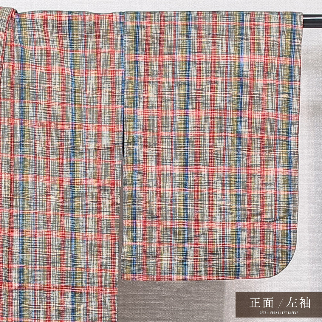 紬 単衣 身丈150cm 裄丈61cm 正絹 Sランク カジュアル バチ衿 Sサイズ 格子 多色系 RP 1223-15728