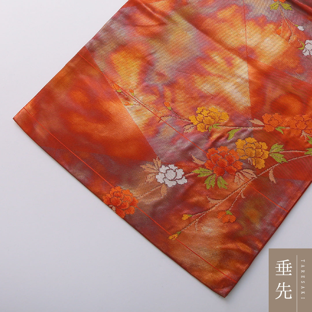 九寸名古屋帯 帯丈364cm インフォーマル 名古屋仕立て 六通 Dランク 正絹 牡丹 朱系 1224-03473