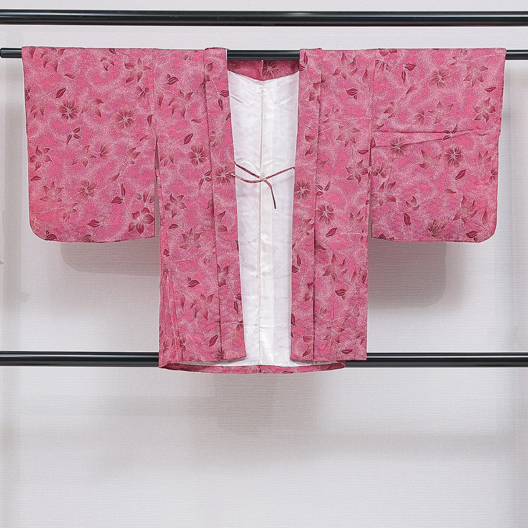 羽織 袷 身丈81cm 裄丈64cm 正絹 Cランク カジュアル Mサイズ 紐あり 花柄 ピンク系 HP 1232-16171