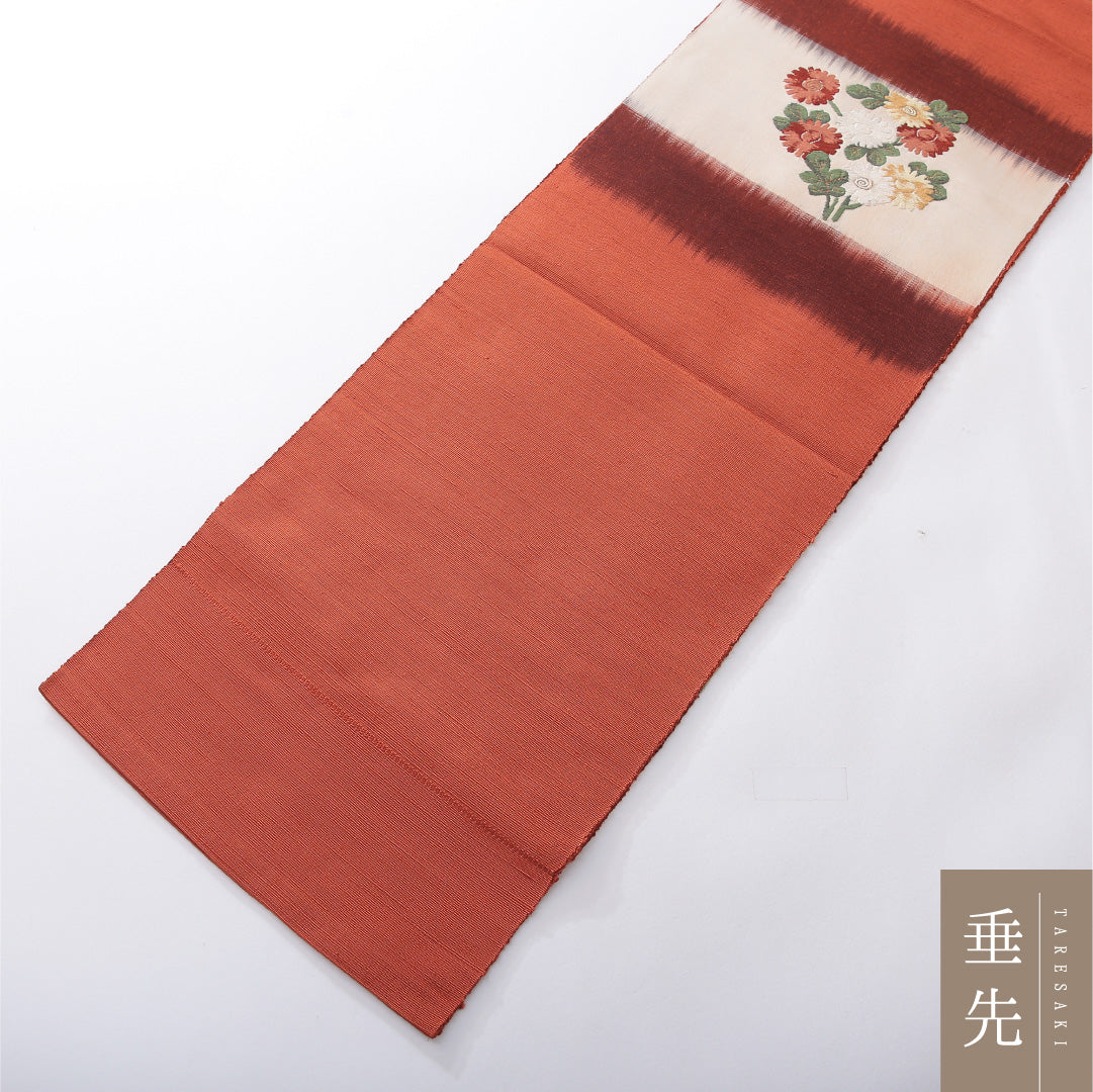 八寸名古屋帯（紬） 帯丈350cm カジュアル 開き仕立て ポイント柄 Aランク 正絹 菊 朱系 1224-03910