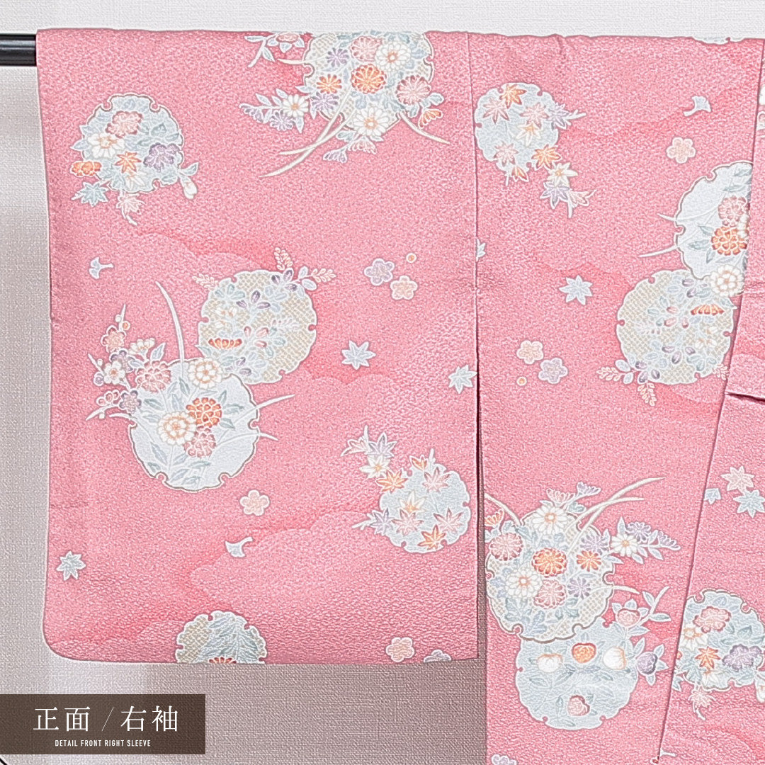 洗える着物 小紋 袷 身丈160cm 裄丈67cm ポリエステル Sランク インフォーマル 広衿 Lサイズ 雪輪 菊 ピンク系 RP 1221-16302