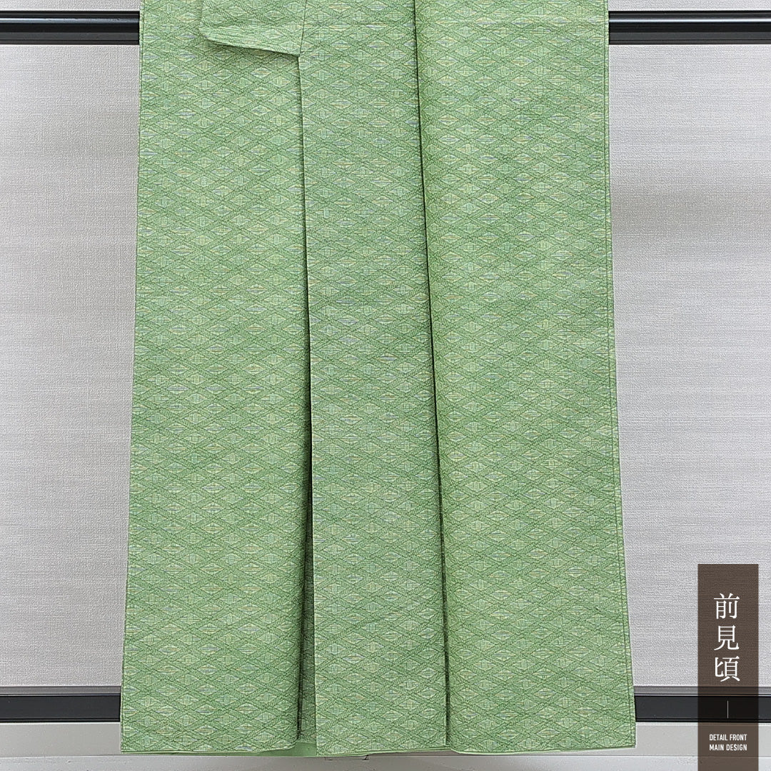 洗える着物 小紋 袷 身丈156cm 裄丈63cm ポリエステル Sランク インフォーマル 広衿 Mサイズ 格子 創作柄 緑系 RP 1221-16338