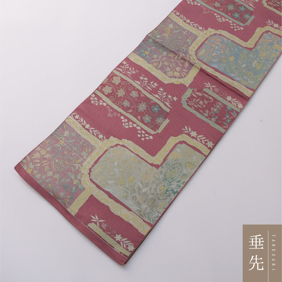 八寸名古屋帯 帯丈352cm カジュアル 松葉仕立て 六通 Aランク 正絹 色紙 ピンク系 1224-03196