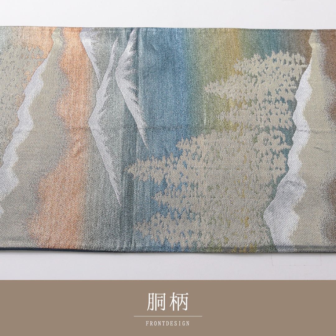 袋帯 帯丈408cm セミフォーマル 六通 帯芯なし Sランク 正絹 引箔 木立 山 紺系 銀系 1223-02074