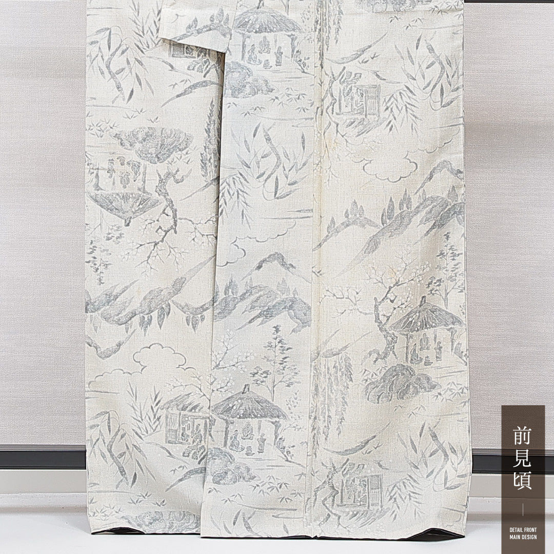 紬 袷 身丈163cm 裄丈64cm 正絹 Cランク カジュアル 広衿 Lサイズ 手描き 染め紬 人物 風景柄 クリーム系 LP 1223-15567