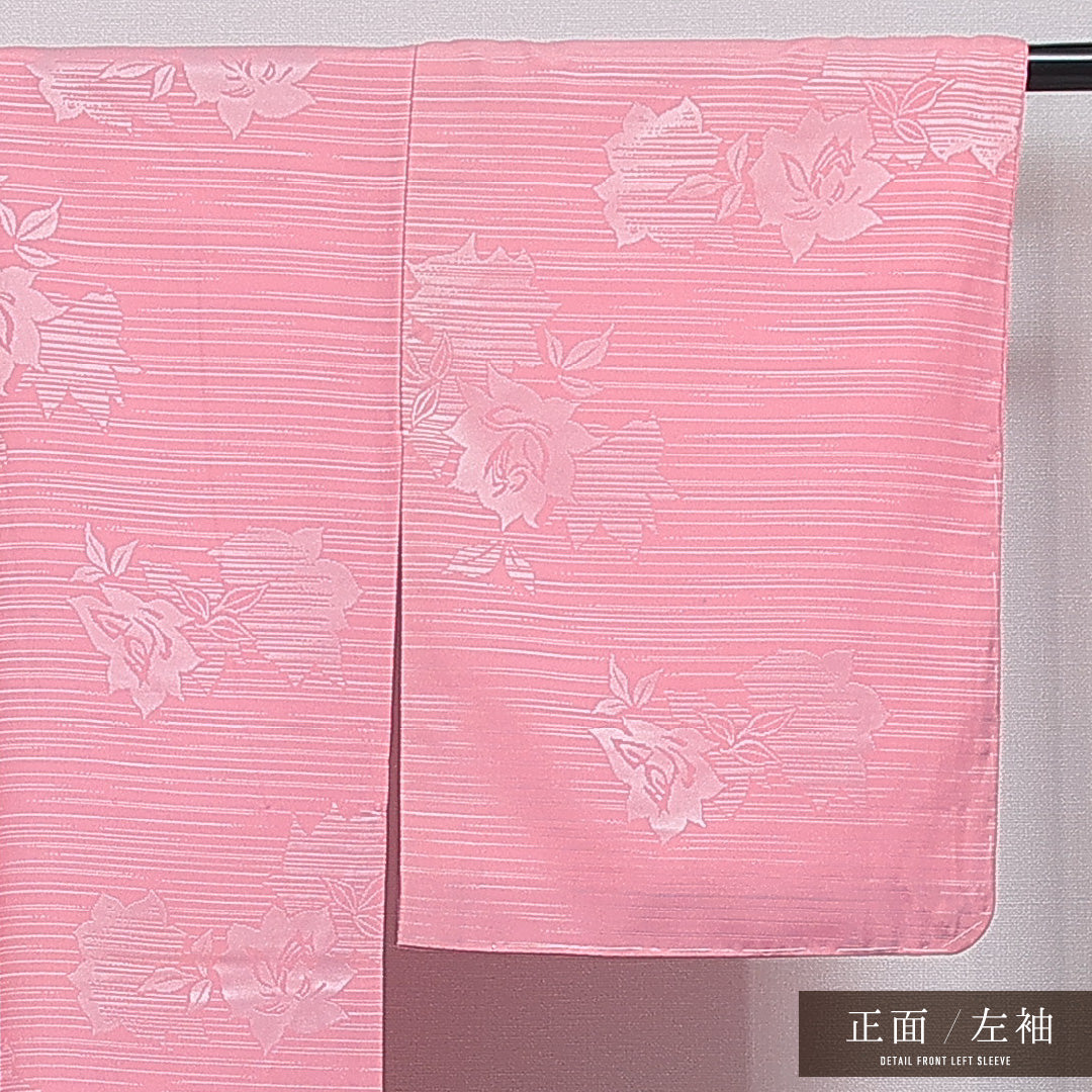 色無地 洗える着物 袷 身丈153cm 裄丈63cm ポリエステル Aランク Sサイズ 広衿 インフォーマル 薔薇 ピンク系 1214-16093