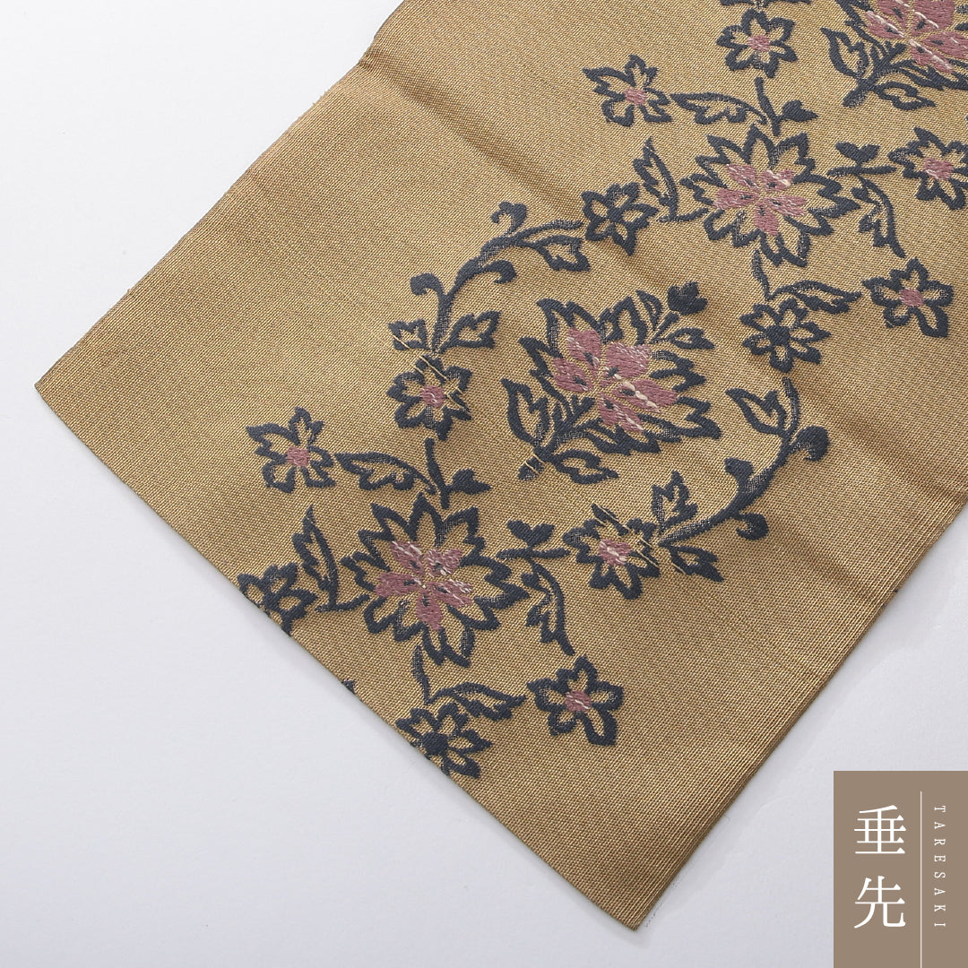 八寸名古屋帯 Aランク 帯丈327cm 正絹 全通 名古屋仕立て 織り カジュアル 花柄 ベージュ系 RP 1245-03927