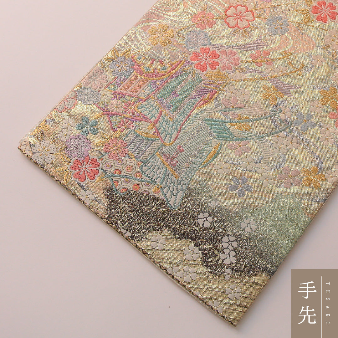 袋帯 帯丈440cm フォーマル 六通 Sランク 正絹 花車 桜 金系 多色系 1223-01891