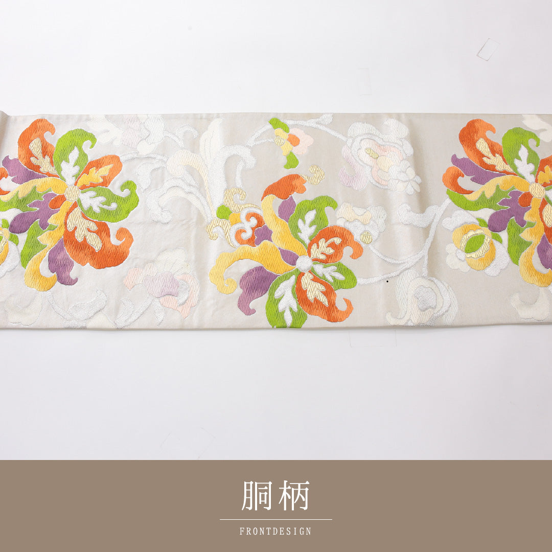 袋帯 帯丈418cm 正絹 六通 フォーマル 唐草華文 クリーム系 1243-02226