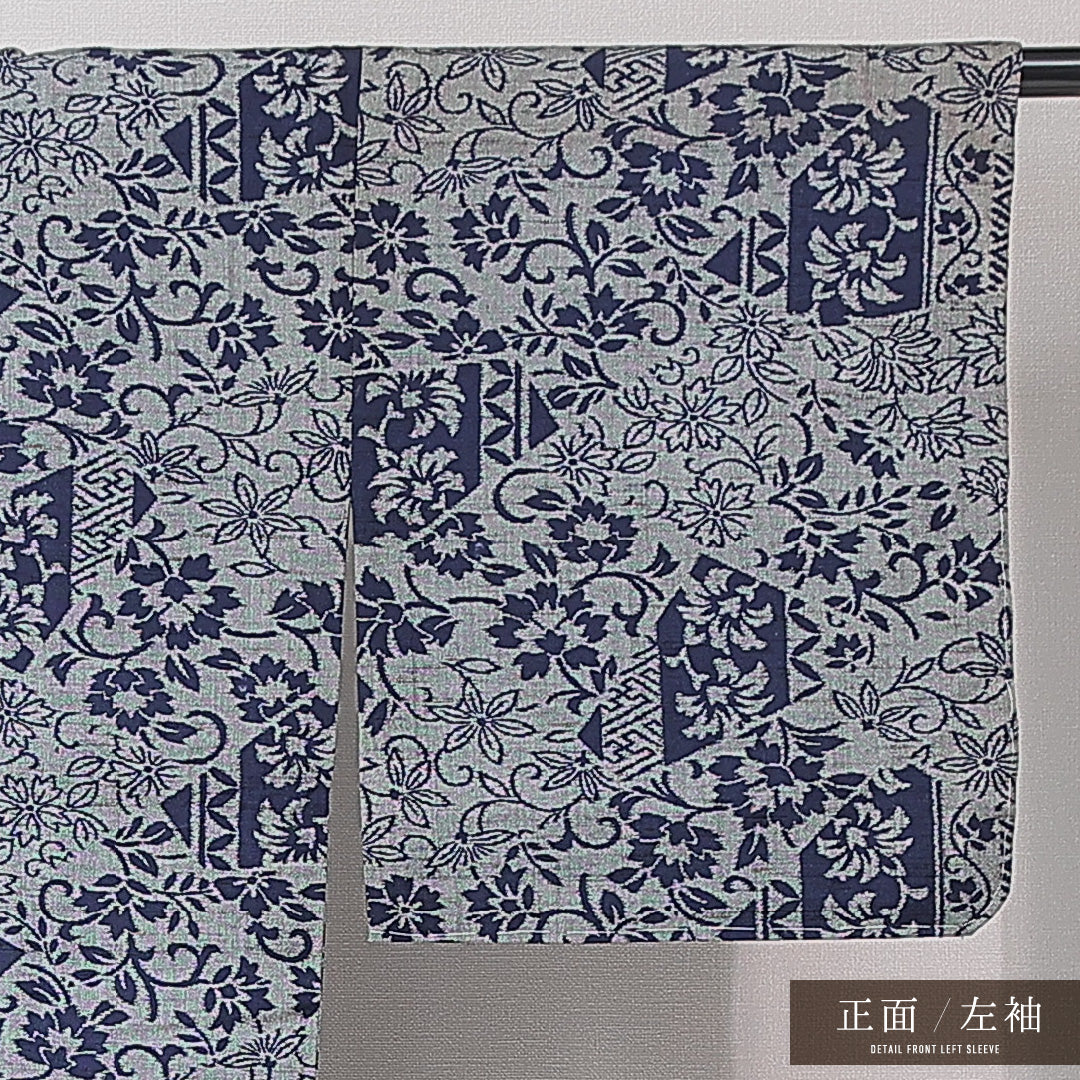 紬 単衣 身丈151cm 裄丈63cm 正絹 Cランク カジュアル バチ衿 Sサイズ 唐草 桜 グレー系 HP 1223-15190