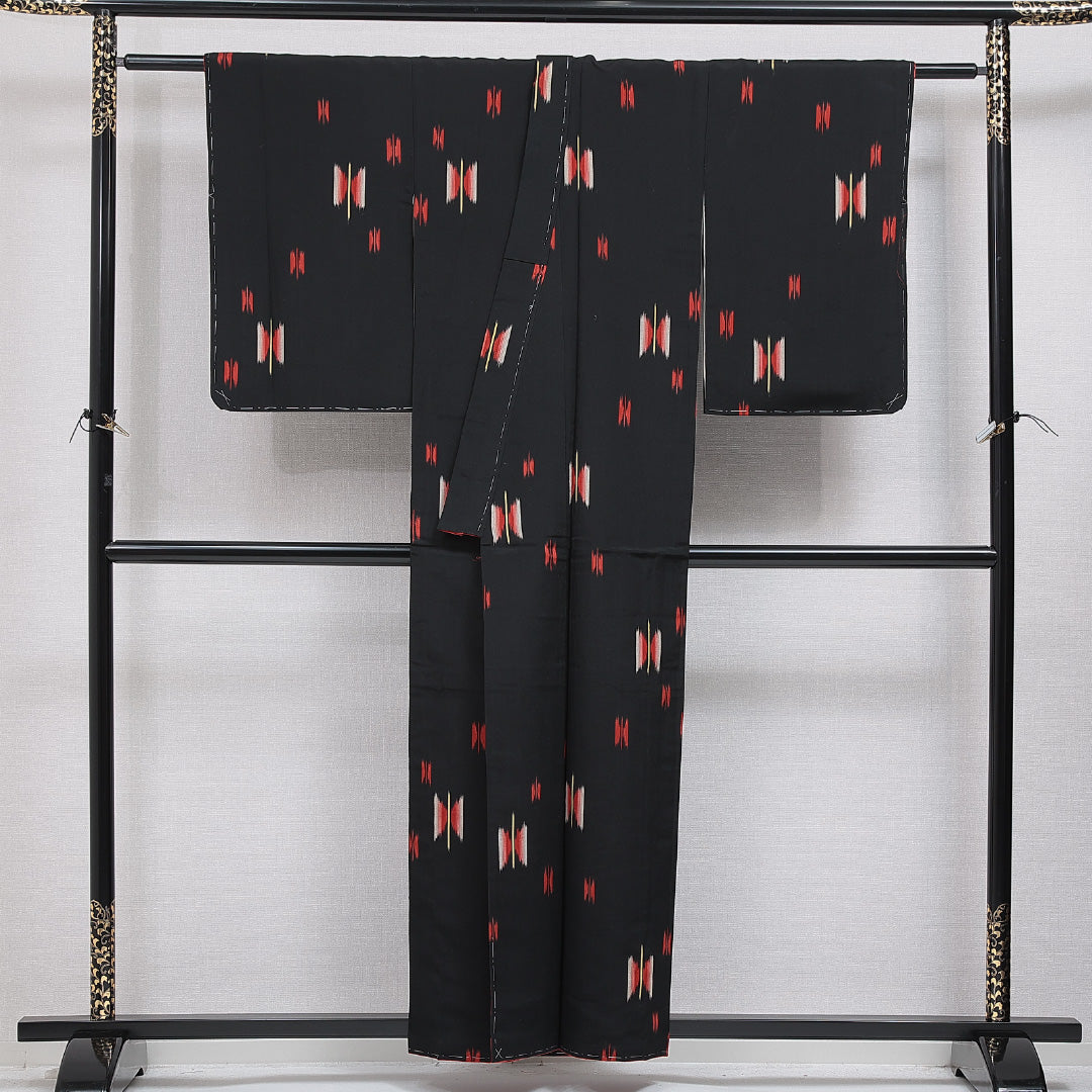 アンティーク お召 袷 身丈155cm 裄丈63cm 正絹 Aランク Mサイズ バチ衿 創作柄 黒系 1265-15968