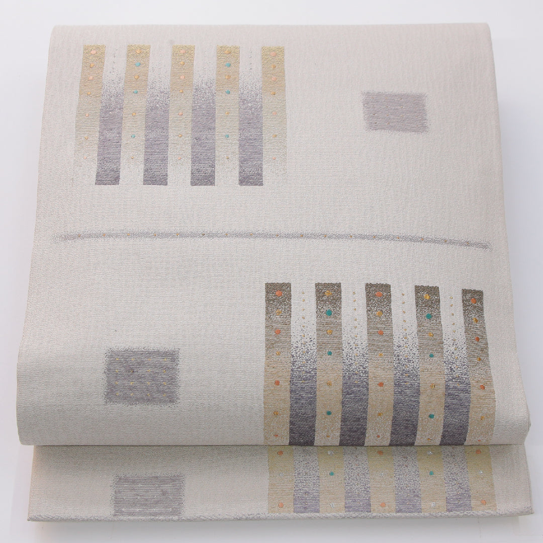 袋帯 帯丈456cm インフォーマル 六通 Aランク 正絹 創作柄 クリーム系 1223-02334