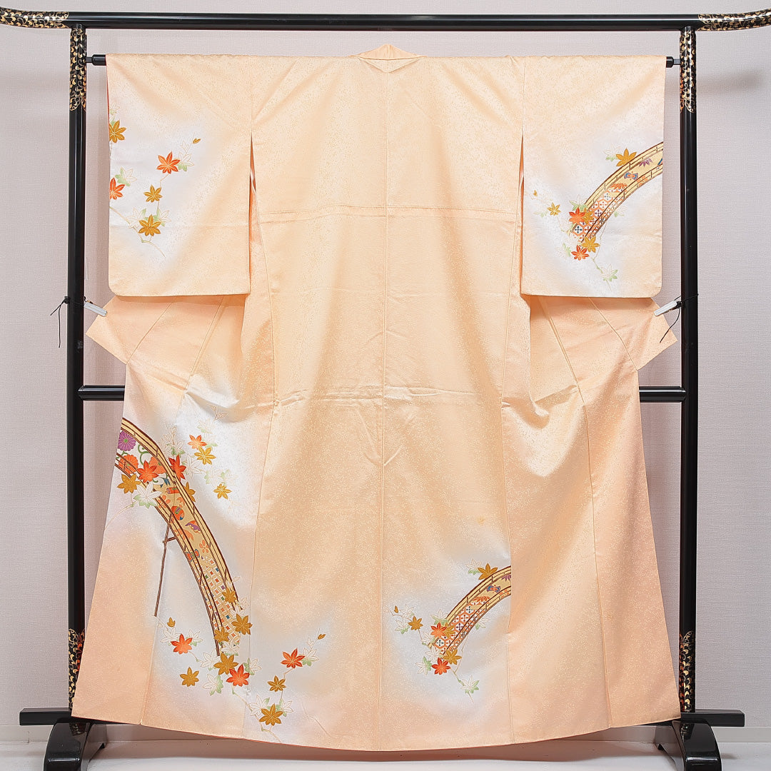 付下げ 洗える着物 袷 身丈162cm 裄丈64cm ポリエステル Cランク Lサイズ 広衿 インフォーマル 古典柄 橋 朱系 クリーム系 1261-16387