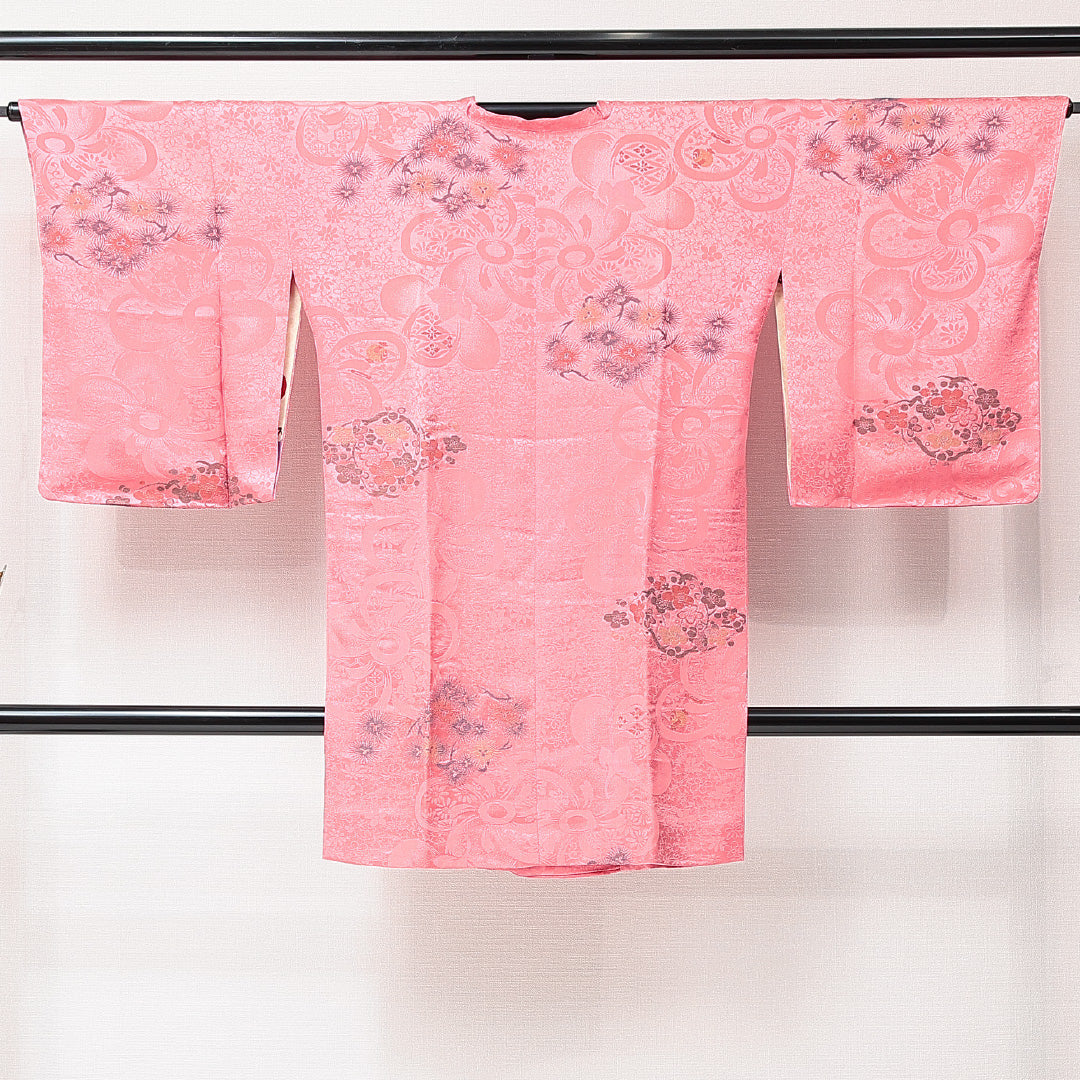 アンティーク 道行コート（お召） 袷 身丈98cm 裄丈65cm 正絹 Bランク Mサイズ ポケットあり 梅 ピンク系 1263-15276