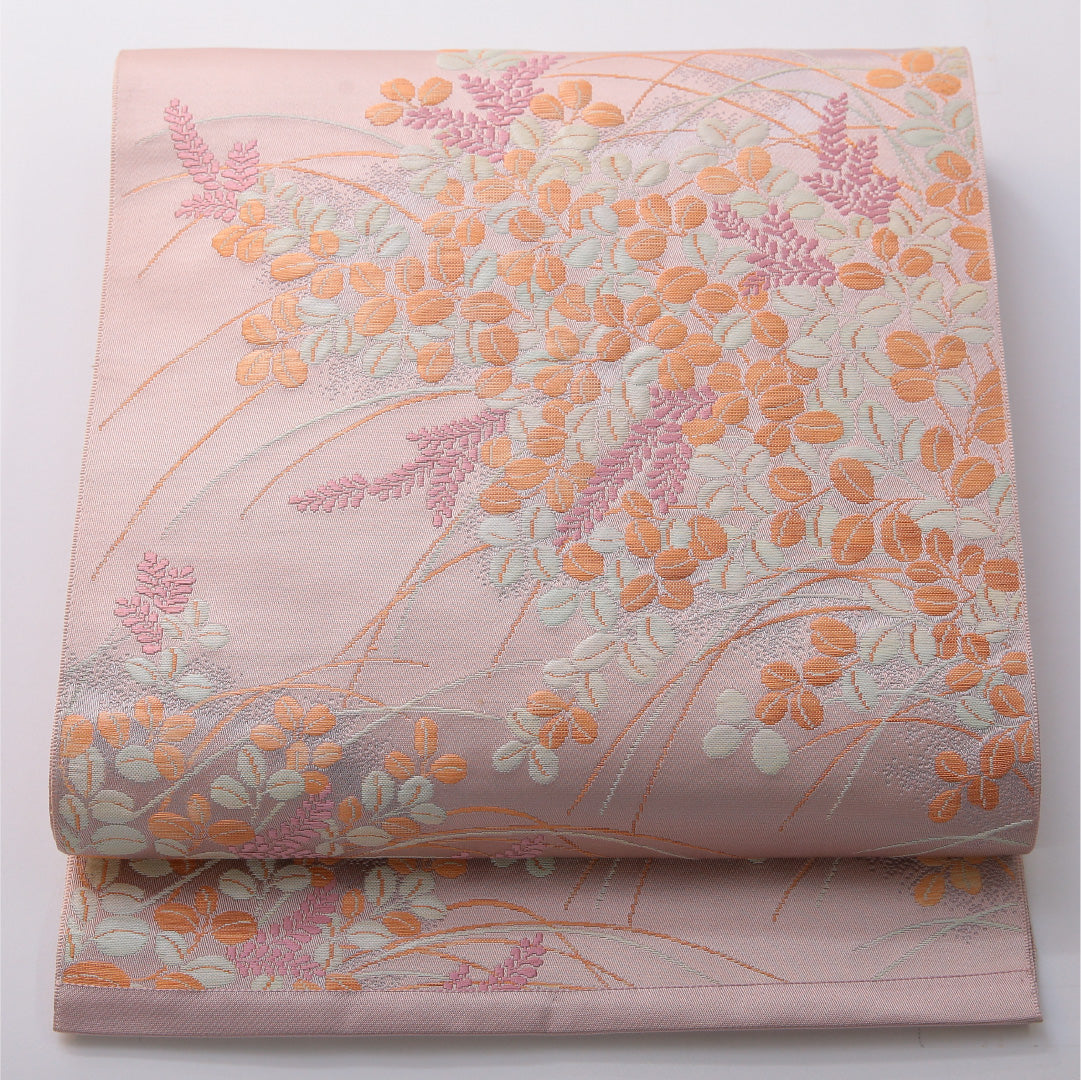 八寸名古屋帯 帯丈374cm カジュアル 開き仕立て 六通 Aランク 正絹 藤 ピンク系 紫系 1224-03492