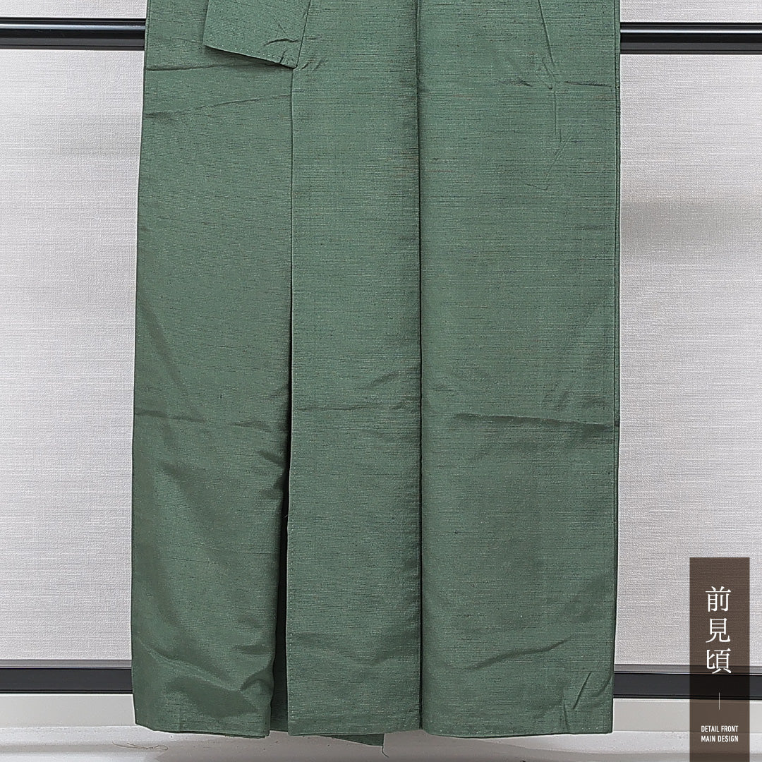 色無地（紬） 袷 身丈159cm 裄丈65cm 正絹 Cランク Mサイズ 広衿 インフォーマル 無地 緑系 1214-15609