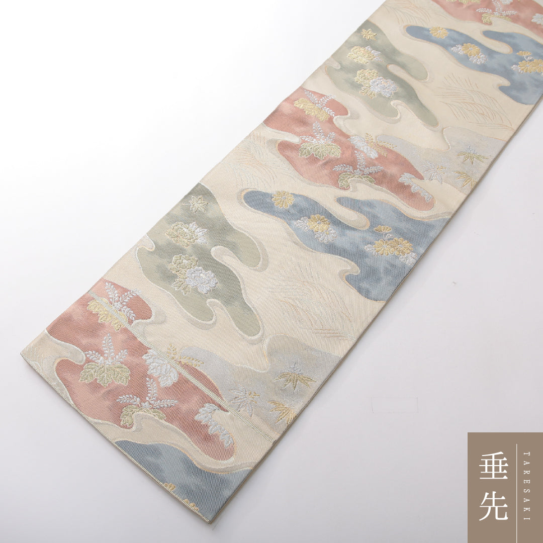 袋帯 帯丈420cm 正絹 六通 フォーマル 雲取り 吉祥文様 クリーム系 1243-02136