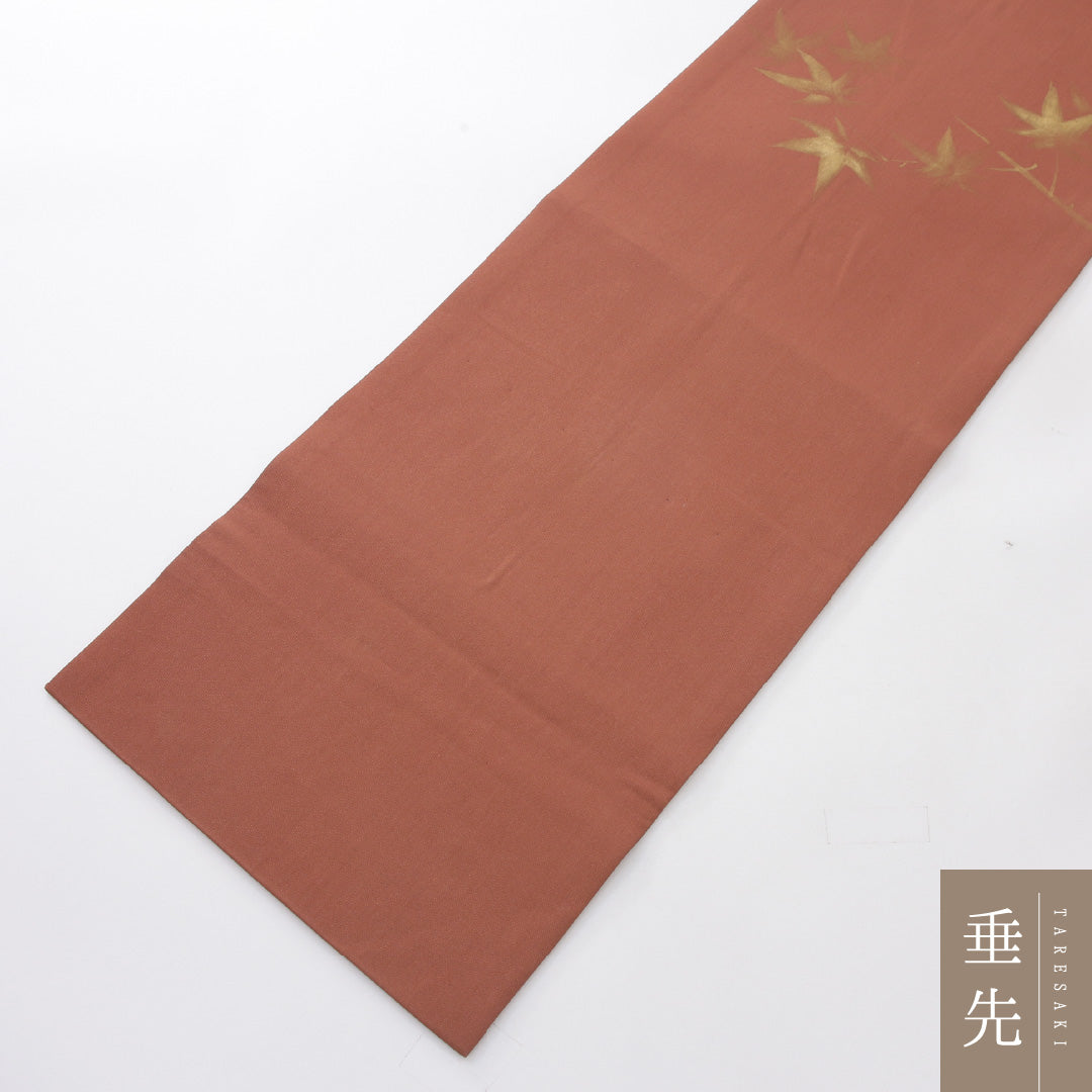九寸名古屋帯 Cランク 帯丈361cm 正絹 ポイント柄 名古屋仕立て 染め インフォーマル 紅葉 ピンクの混ざった朱系 GP 1245-04026