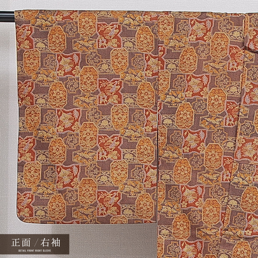 小紋 袷 身丈165cm 裄丈64cm 正絹 Aランク インフォーマル 広衿 XLサイズ 鳥 花柄 茶系 RP 1221-15934