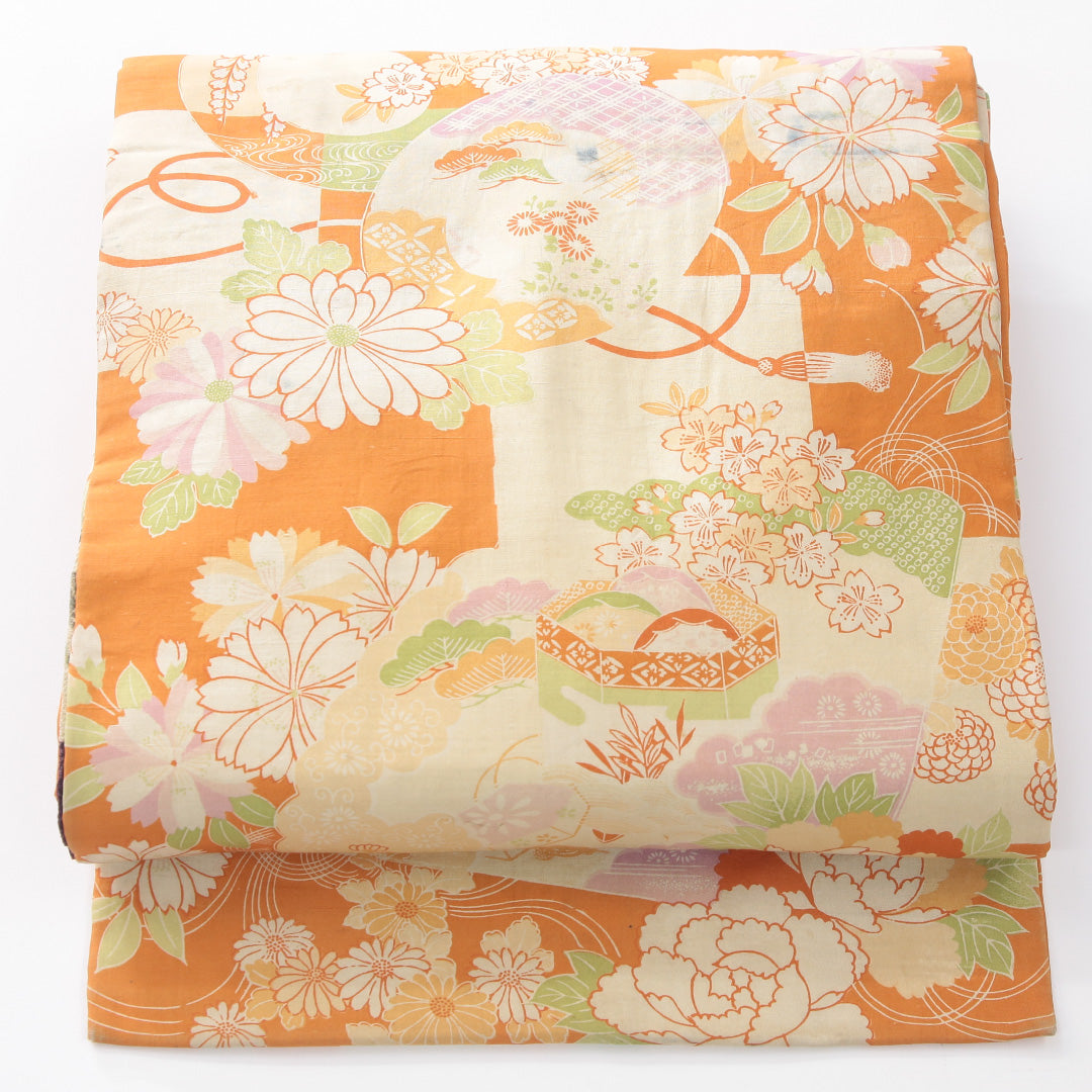 アンティーク 九寸名古屋帯 帯丈334cm 名古屋仕立て 全通 Cランク 正絹 染め帯 吉祥文様 朱系 1224-04173