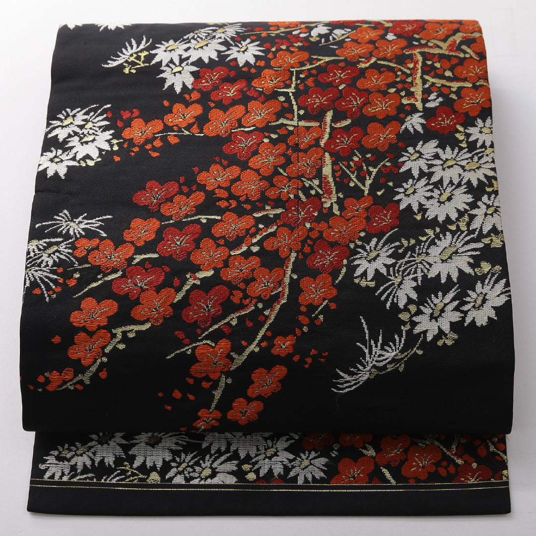 九寸名古屋帯 帯丈336cm インフォーマル 名古屋仕立て 六通 Aランク 正絹 梅 菊 黒系 1224-03817