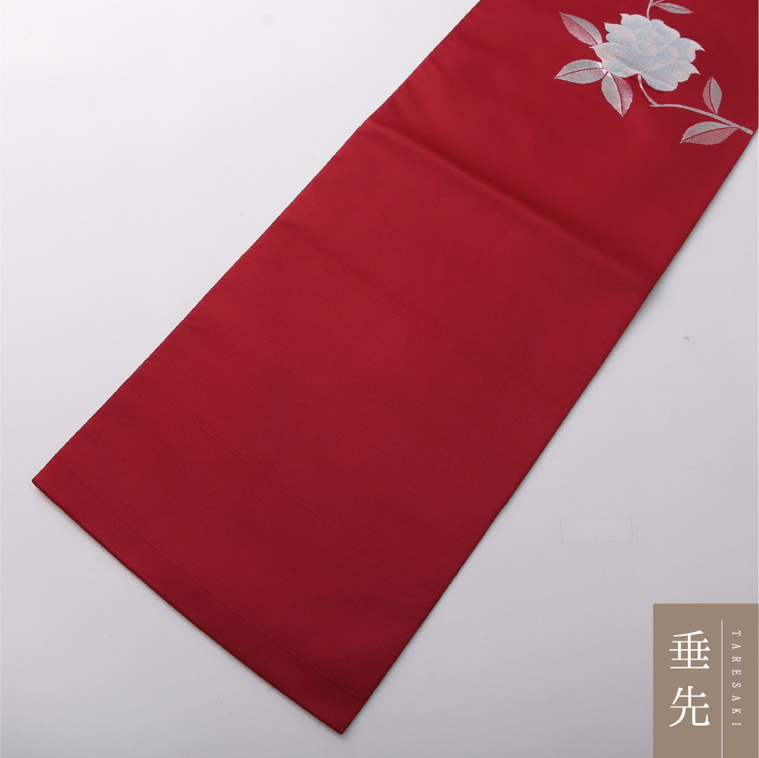 八寸名古屋帯 Sランク 帯丈351cm 正絹 ポイント柄 松葉仕立て 帯芯なし 織り インフォーマル 綴れ織 薔薇 赤系 RP 1245-03569