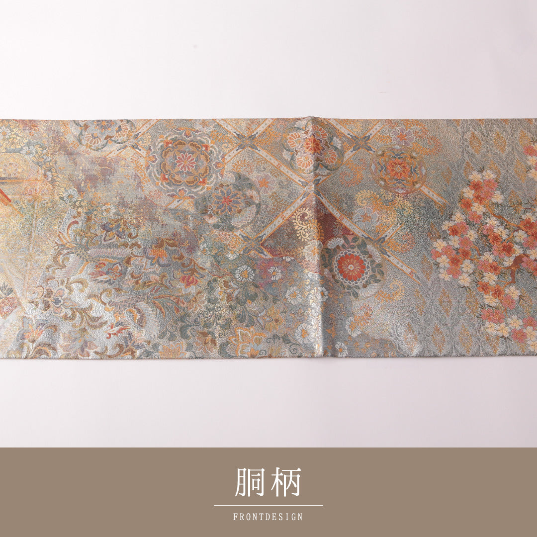 袋帯 帯丈456cm 正絹 全通 リバーシブル フォーマル 鏡裏文 格天井 金系 グレー系 1243-01842