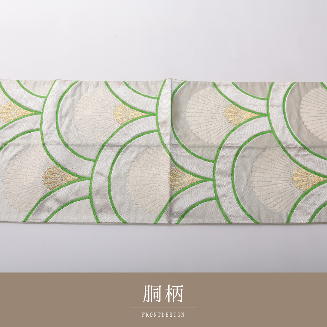 袋帯 帯丈426cm 正絹 六通 未仕立て 帯芯なし 青海波 菊 吉祥文様 銀系 1243-02008