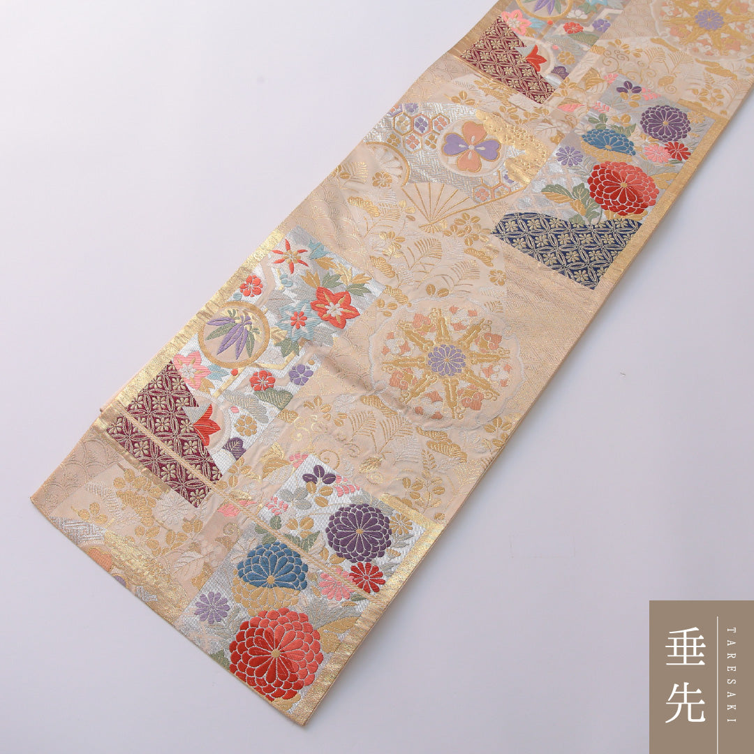 袋帯 帯丈420cm 正絹 六通 フォーマル 裂取り 金系 1243-01936