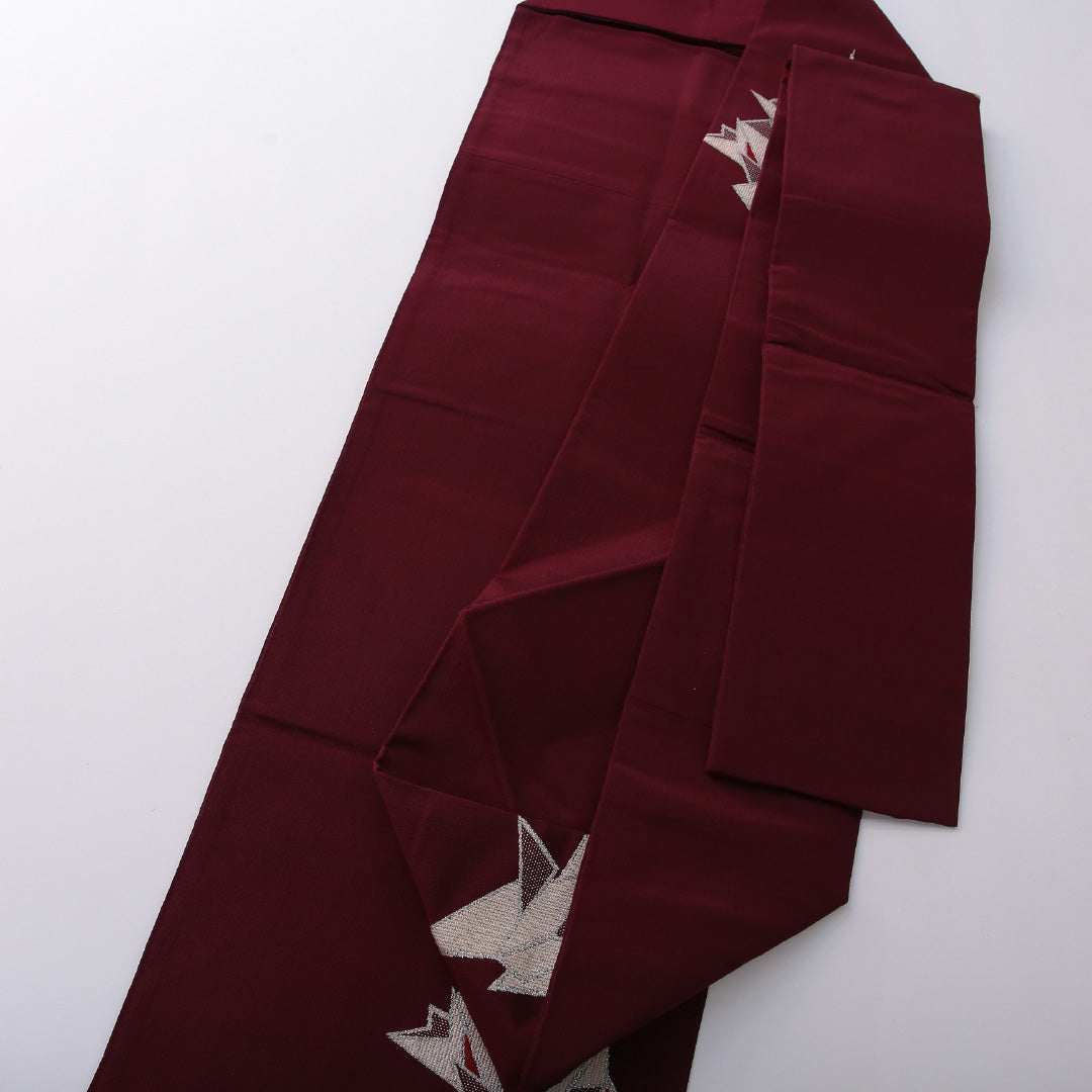 九寸名古屋帯 帯丈345cm カジュアル 名古屋仕立て ポイント柄 Cランク 正絹 創作柄 紫系 赤系 1224-03610