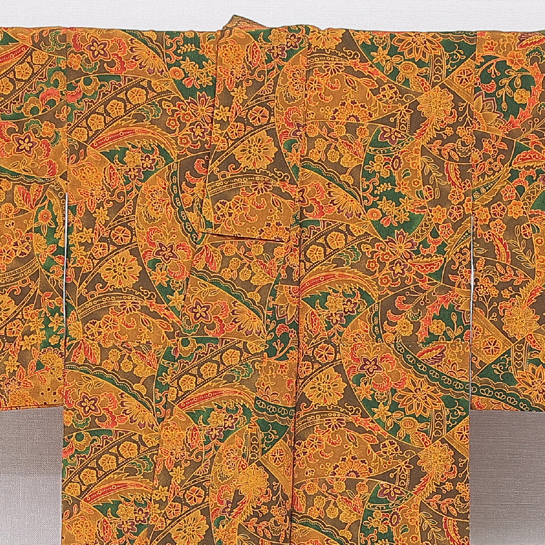 小紋 袷 身丈156cm 裄丈62cm 正絹 Dランク Mサイズ 広衿 インフォーマル ちりめん 多色系 朱系 1215-16665