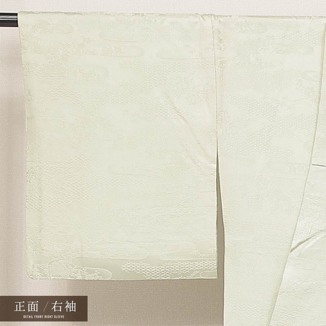 色無地 袷 身丈157cm 裄丈68cm 正絹 Cランク Mサイズ 広衿 インフォーマル 紋意匠 吉祥文様 緑系 1214-16893