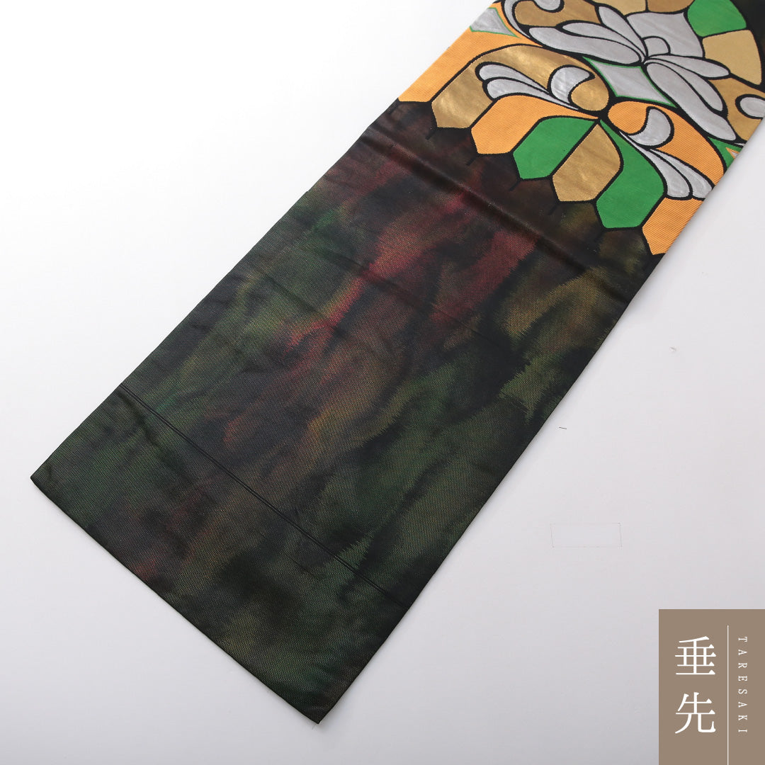 九寸名古屋帯 Aランク 帯丈361cm 正絹 ポイント柄 名古屋仕立て 織り カジュアル 創作柄 黒系 LP 1245-03731