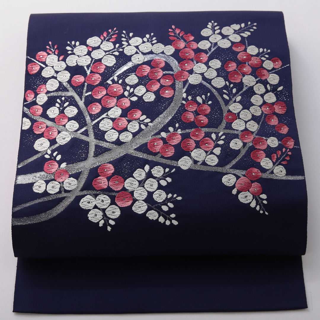 八寸名古屋帯 帯丈358cm セミフォーマル 名古屋仕立て ポイント柄 帯芯なし Cランク 正絹 梅 青系 紫系 1224-03559