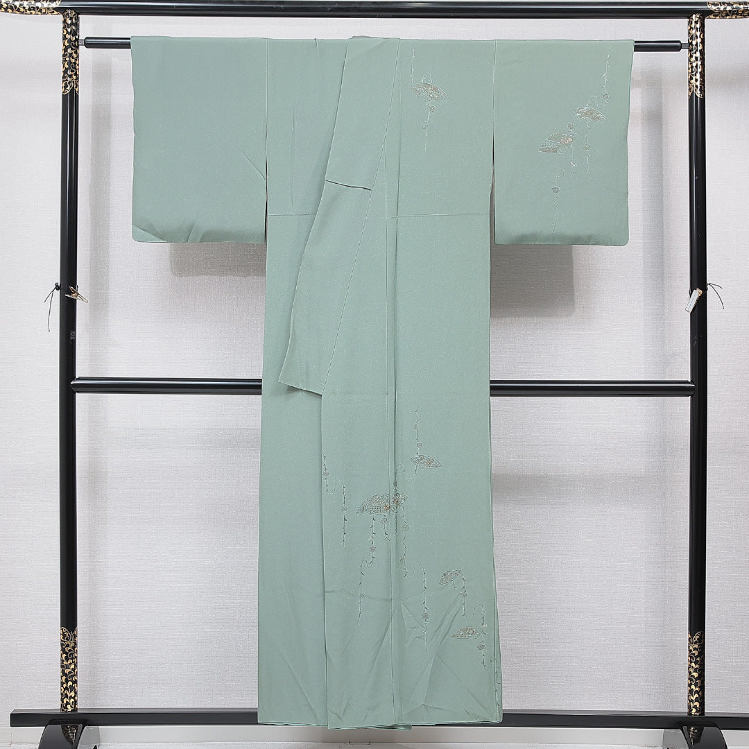 付下げ 袷 身丈153cm 裄丈60cm 正絹 Sランク Sサイズ 広衿 インフォーマル 扇 梅 蘇州刺繍 汕頭刺繡 緑系 1261-15675