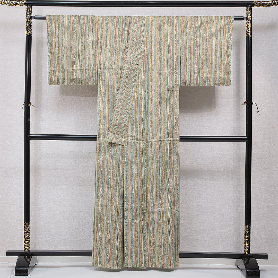 紬 袷 身丈160cm 裄丈61cm 正絹 Sランク カジュアル バチ衿 Lサイズ 縞 緑系 RP 1223-15477