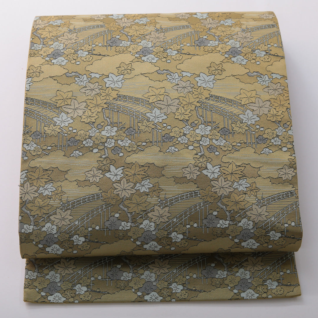 九寸名古屋帯 帯丈342cm セミフォーマル 名古屋仕立て 六通 Aランク 正絹 橋 紅葉 緑系 1224-03500