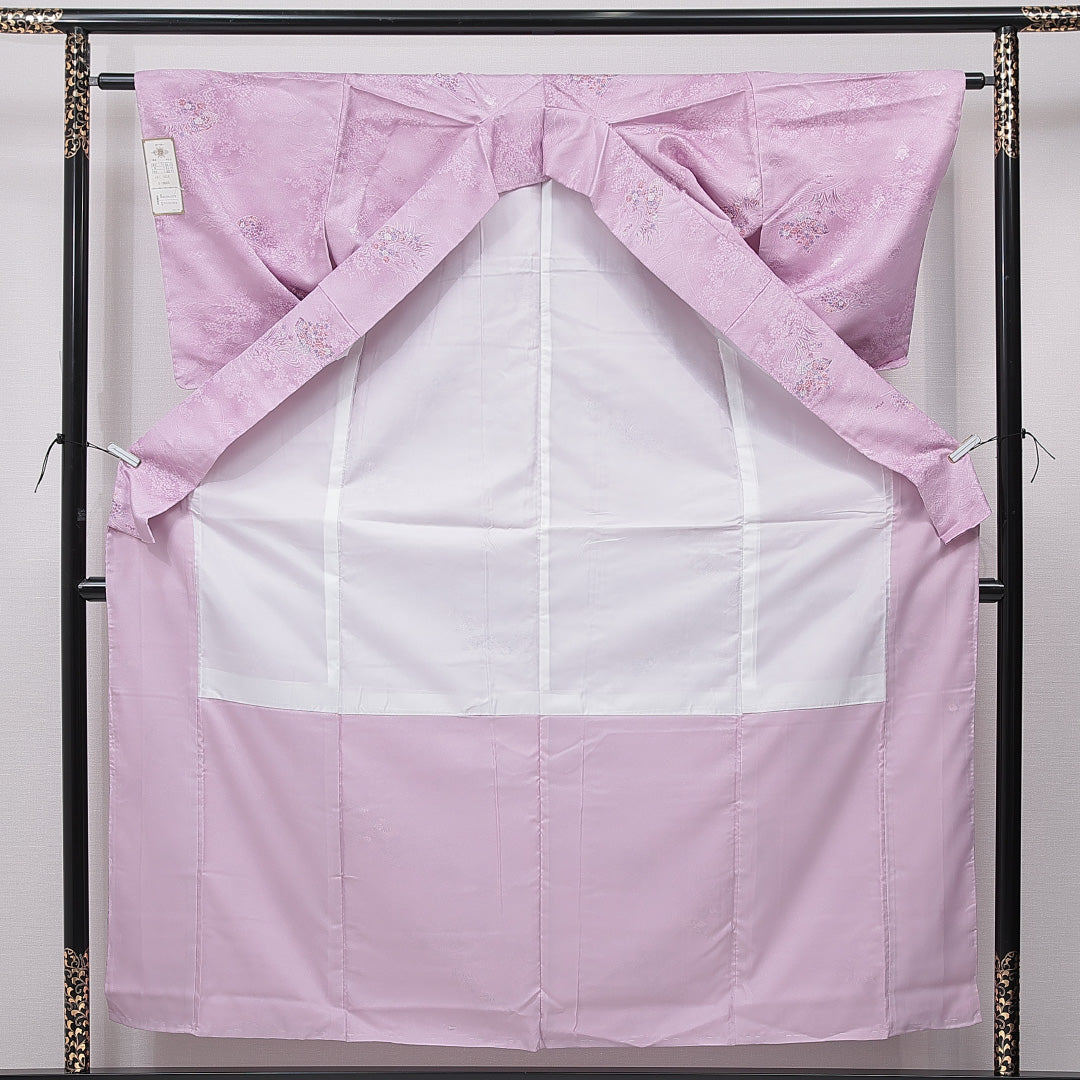 新古品 小紋 洗える着物 袷 身丈158cm 裄丈65cm ポリエステル Nランク Mサイズ 広衿 インフォーマル 吉祥文様 菊 紫系 1215-15788