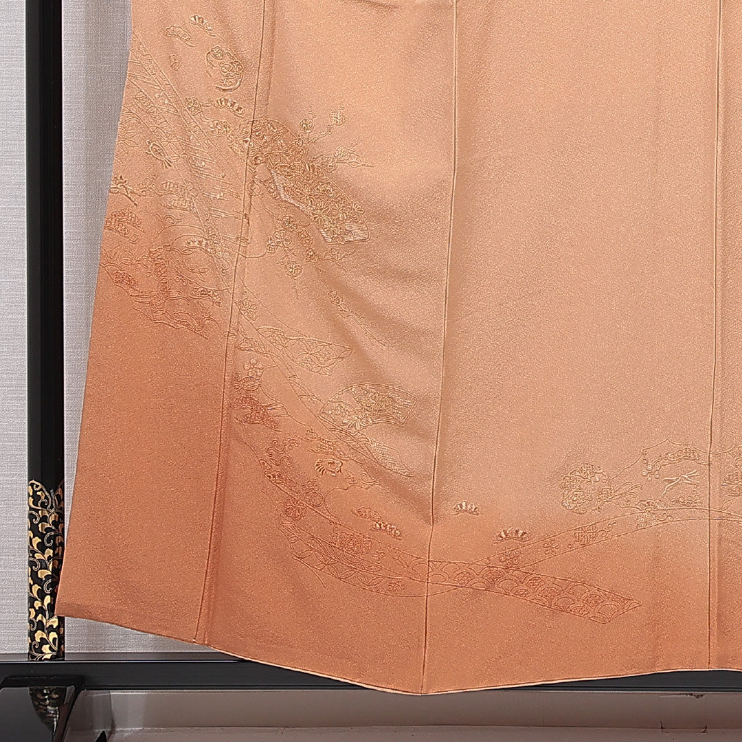 訪問着 身丈155cm 裄丈62cm 正絹 Sランク Mサイズ 広衿 一つ紋（五三桐） セミフォーマル 吉祥文様 刺繍 茶系 1212-15491