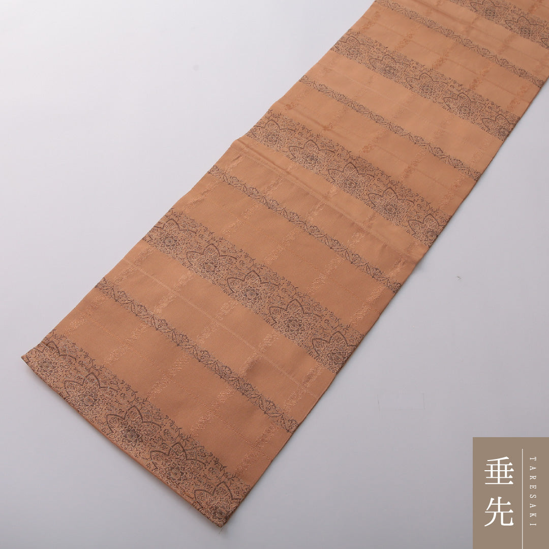 九寸名古屋帯 Sランク 帯丈352cm 正絹 六通 名古屋仕立て 織り インフォーマル 宝相華 ベージュ系 RP 1245-03348