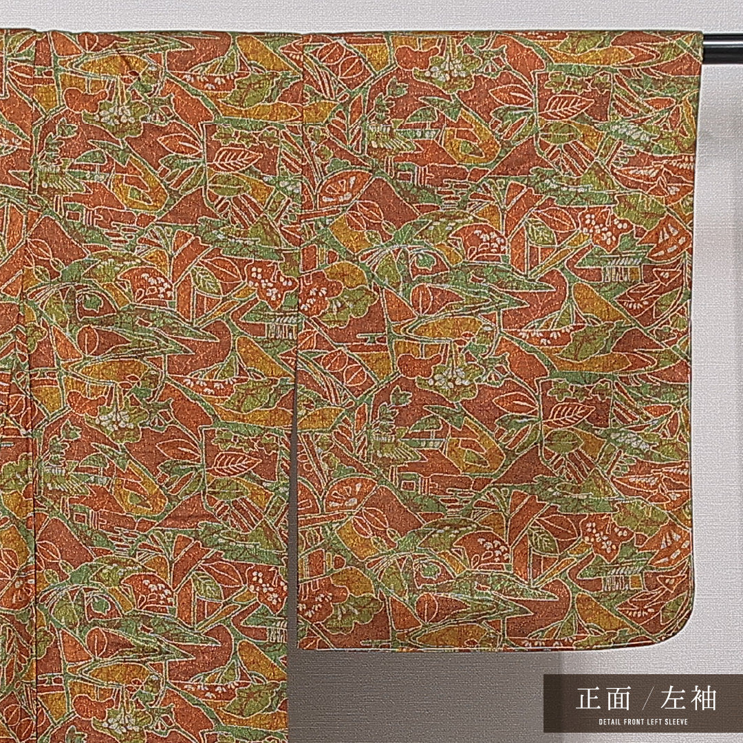 洗える着物 ウールの紬 単衣 身丈152cm 裄丈62cm ウール Sランク カジュアル バチ衿 Sサイズ 植物柄 茶系 RP 1223-15367