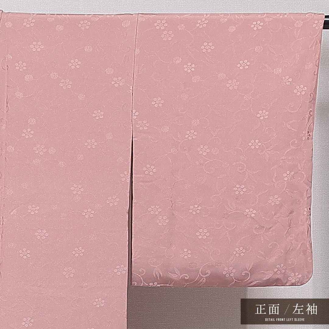 色無地 袷 身丈162cm 裄丈65cm 正絹 Aランク Lサイズ バチ衿 一つ紋（五三桐） セミフォーマル 紋意匠 梅鉢 織り出し ピンク系 1214-15650