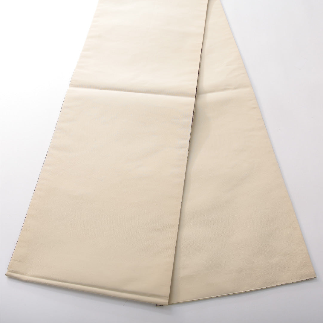 九寸名古屋帯 帯丈360cm カジュアル 開き仕立て 全通 Sランク 正絹 花柄 ベージュ系 1224-03823