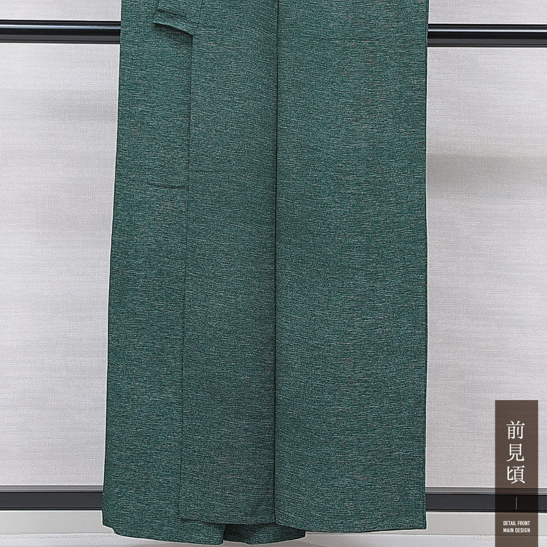 小紋 単衣 身丈159cm 裄丈63cm 正絹 Sランク Mサイズ バチ衿 インフォーマル 肩当て ちりめん 無地 緑系 1215-15680