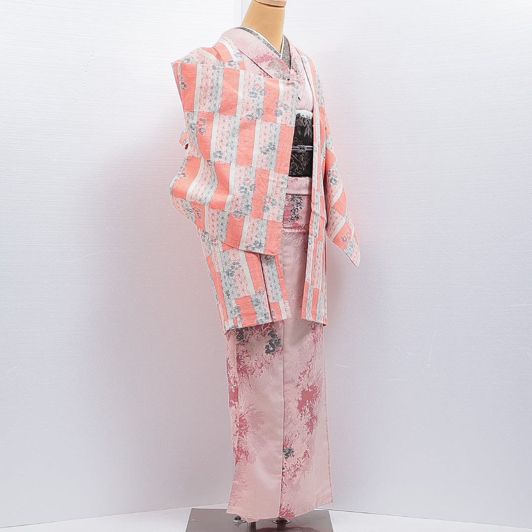 羽織 袷 身丈86cm 裄丈65cm 正絹 Sランク カジュアル Mサイズ 牡丹 朱系 RP 1232-16179