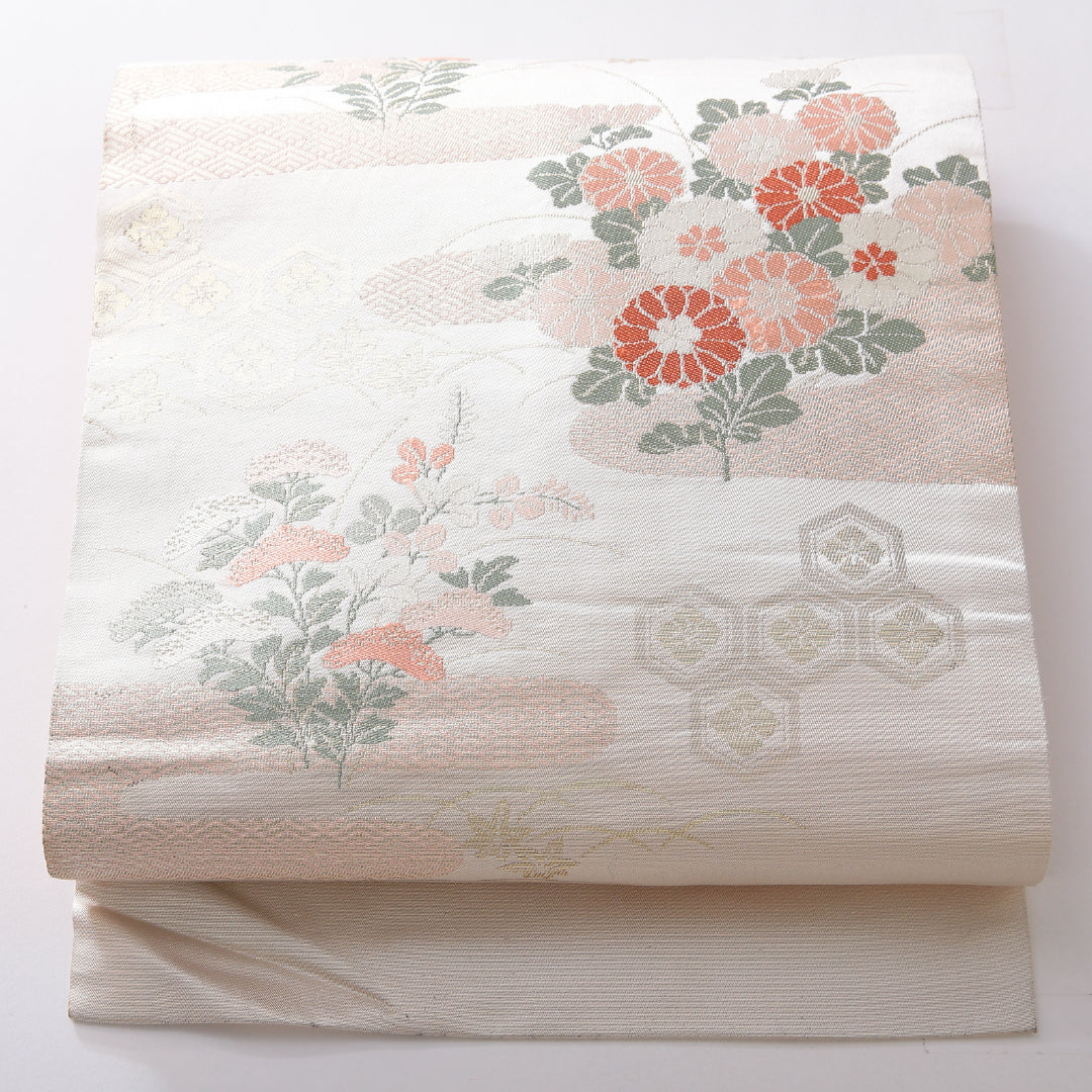 九寸名古屋帯 帯丈350cm セミフォーマル 名古屋仕立て ポイント柄 Cランク 正絹 吉祥文様 菊 ピンク系 1224-03833